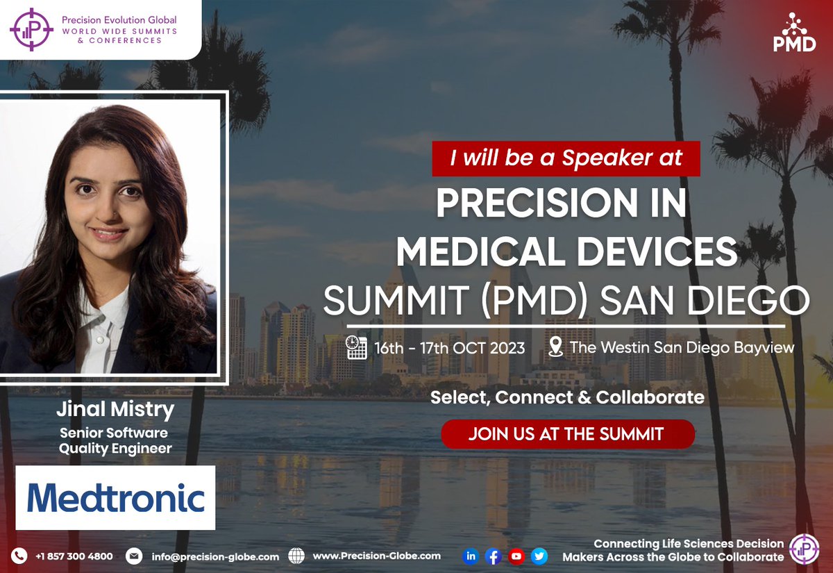 PrecisionEvolu1's tweet photo. We are thrilled to welcome Jinal Mistry of @Medtronic  to the #PMDSUMMIT in #SANDIEGO

#MedicalDevices #MeDtech #AI #ML #Data #ClinicalTrials #DigitalHealth #Medtronic #Marketing #EVents #California https://t.co/U6FTd0FsSm