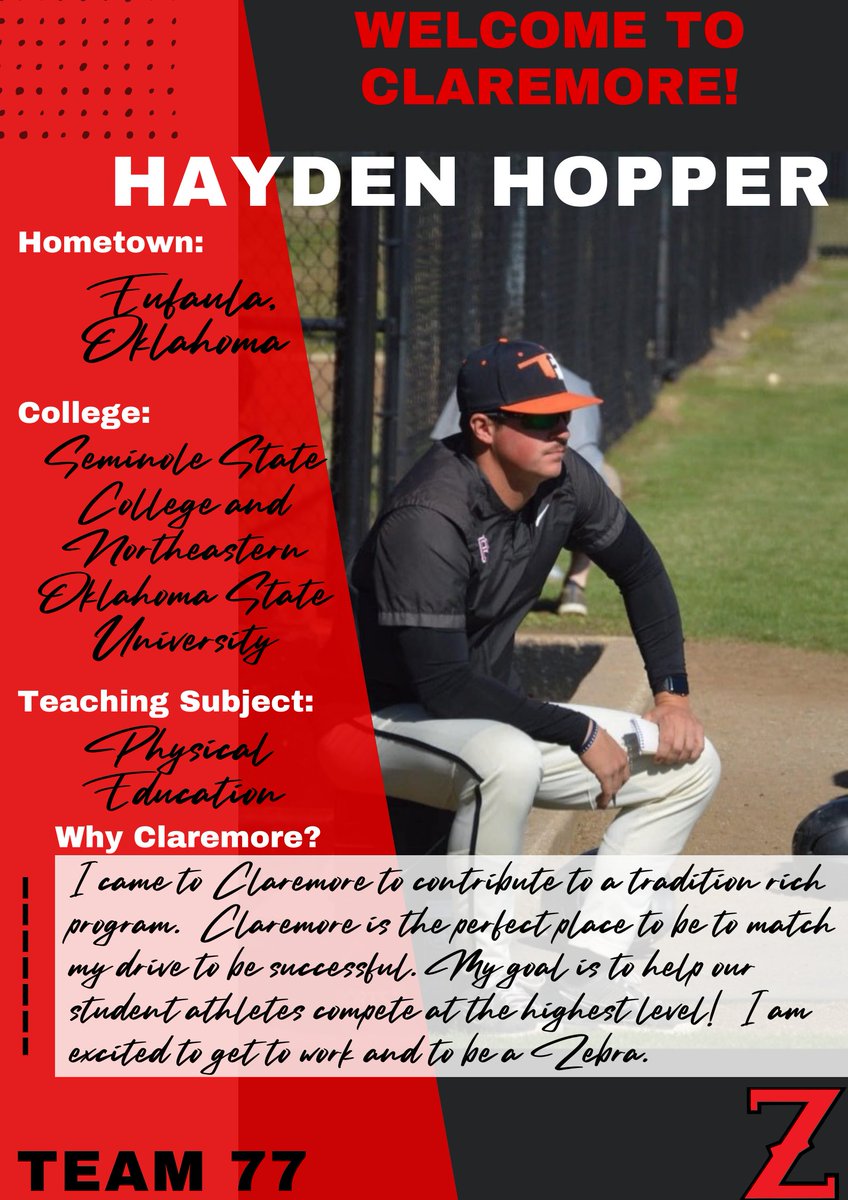 zebsbaseball's tweet photo. Welcome to Claremore Coach Hopper! Coach Hopper will be the Pitching Coach and also coaches Junior High Softball. #Team77 https://t.co/i0CsmIemCY