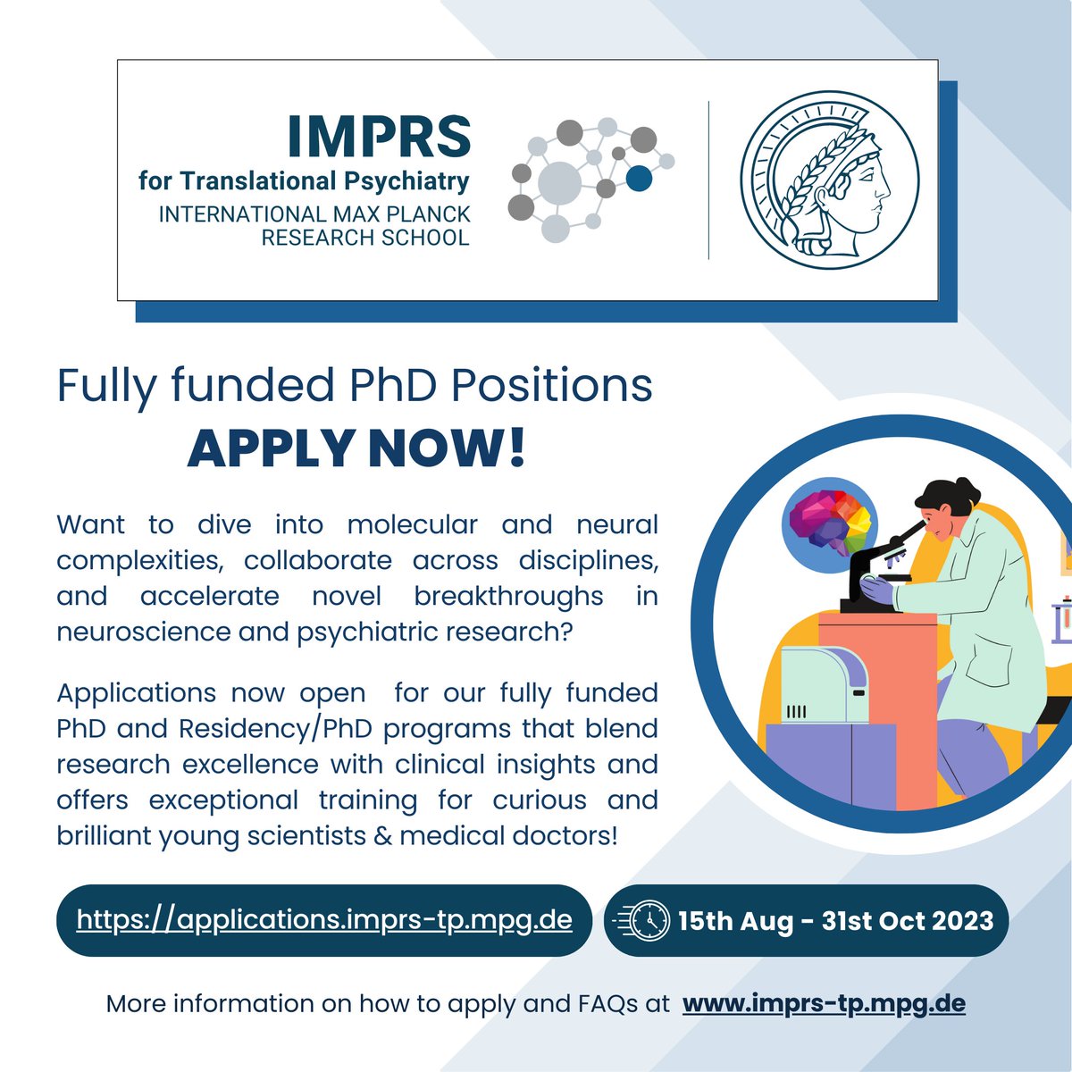 📢 Opportunity Alert!🧠 ⭐️Apply for our fully funded #PhD Positions in #Neuroscience & Translational #Psychiatry in Munich 📝 at applications.imprs-tp.mpg.de ⏰ until 31st Oct, 2023. ❔imprs-tp.mpg.de/3041/instructi… ❔imprs-tp.mpg.de/97967/FAQs #PhDposition #hiring #research @mpi_psychiatry