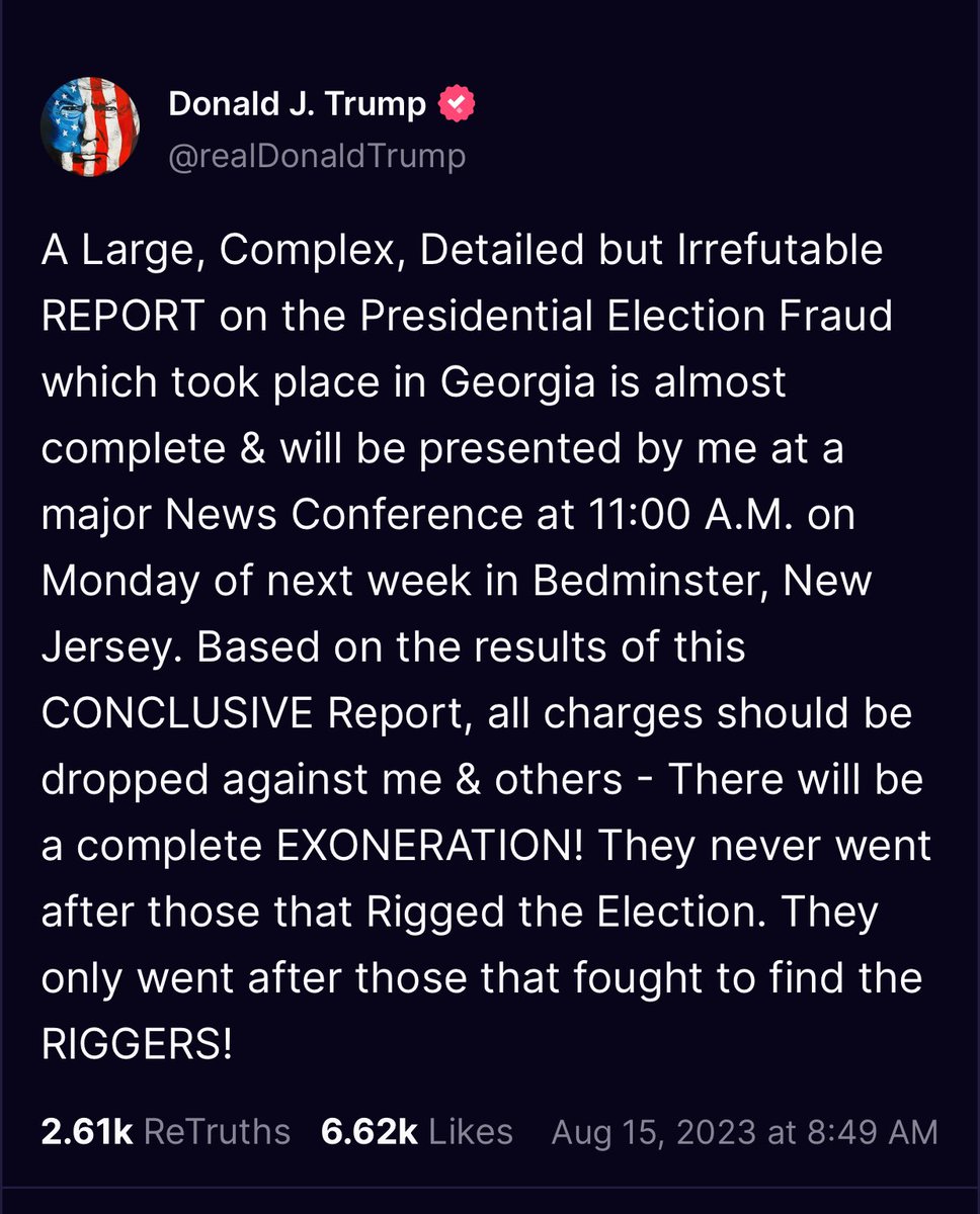 Oh good he's going to respond to the Georgia indictments by incriminating himself, reminding everybody he DID try to illegally overturn the election, and tearing down the GOP outside its base 👍🏻