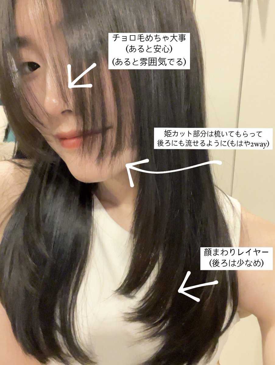 luckyend_'s tweet photo. インスタで見かけるようなおしゃれ韓国オンニな雰囲気を再現したくて、インスタで画像見比べまくって&amp;美容師さんと話しながらこんな要素で出来ました✍️
☑︎全部同じ長さの姫カットでなく、チョロ毛作る
☑︎姫カットは梳いてもらって、流し前髪もできるように
☑︎顔周りにレイヤー入れる https://t.co/eUEhyHasVs