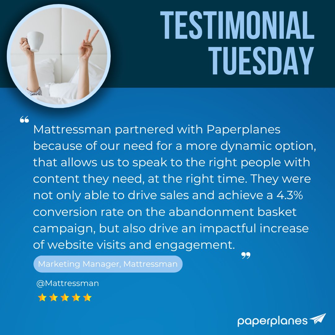 Fly_Paperplanes's tweet image. Here’s to our next client, @mattressmanuk in this installment of Testimonial Tuesday! 

This testimonial shows how we&apos;re making a real difference in businesses like yours. 🙌✨

Thanks for joining us on this journey! 

#TestimonialTuesday #ClientLove #ProgrammaticDirectMail