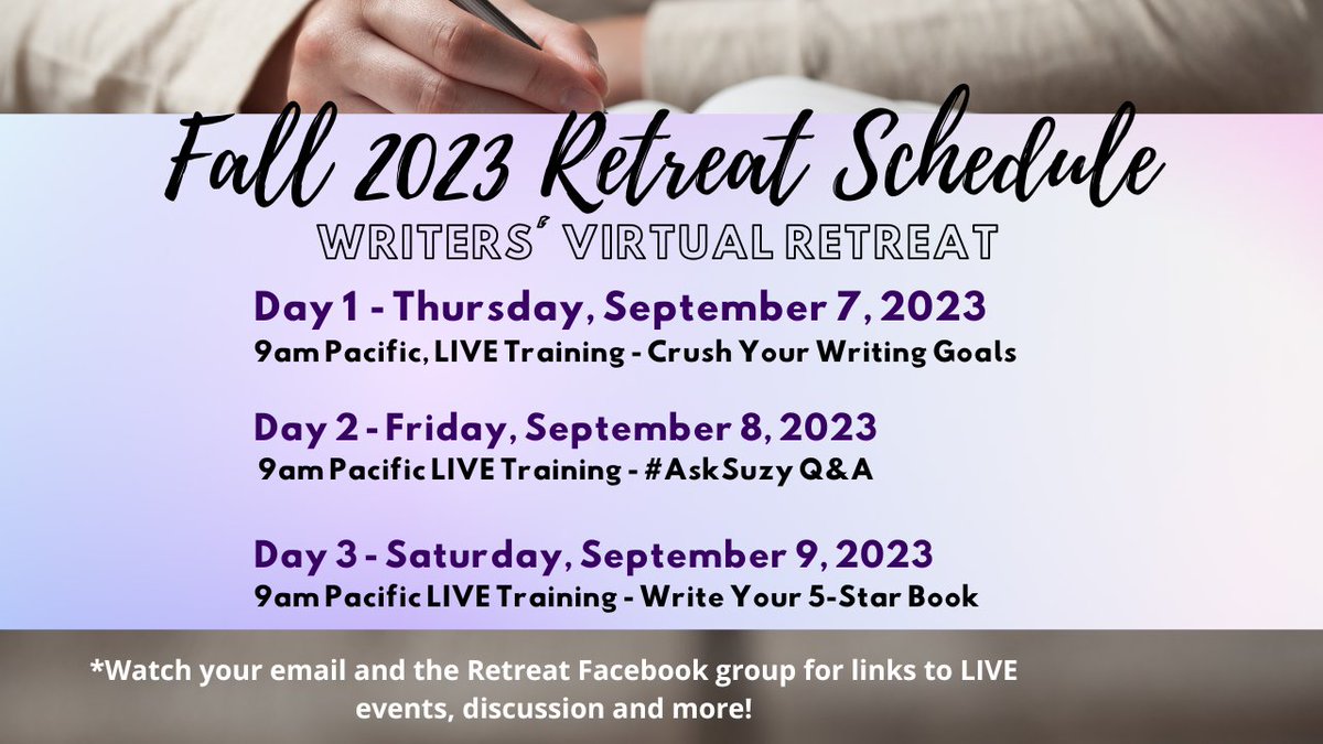 Fall is a great time to ramp up your writing, and Suzy is great to have in your corner. So if you want to start September with a bang, check into this virtual retreat: Suzy Vadori's Writers' Virtual Retreat buff.ly/45qfenc #writing #amwriting @suzyvadori