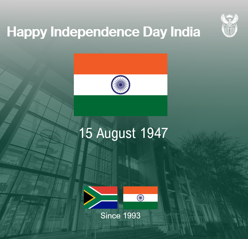 DIRCO_ZA's tweet photo. Happy Independence Day to the Republic India🇮🇳
#SAIndiaRelations🇮🇳🇿🇦
#30YearsofDiplomaticRelations
@UbuntuRadioZA @hci_pretoria https://t.co/VacGWAoIUP