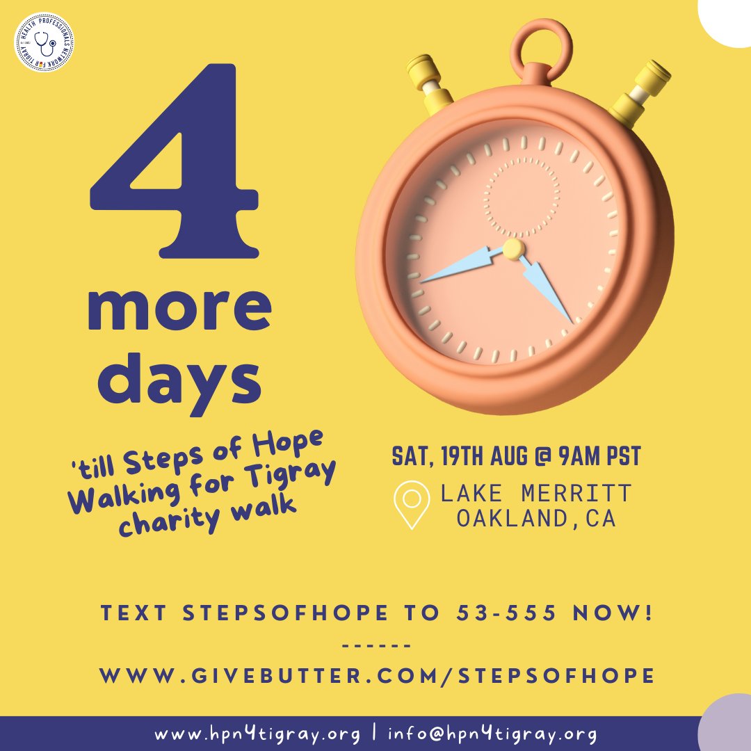 4 days until our Steps of Hope - Walking for Tigray charity walk!

If you can't attend in-person, your support is still needed! Text STEPSOFHOPE to 53-555 or givebutter.com/stepsofhope to get tix. 

📍Sat, Aug 19th, 9AM PST
⏰Lake Merritt, Oakland

#Tigray #StepsOfHope #Hpn4Tigray