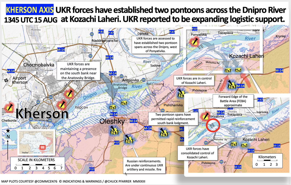 KHERSON AXIS /1345 UTC 15 AUG/ UKR forces have established two pontoons across the Dnipro River at Kozachi Laheri. UKR reported to be expanding logistic support.