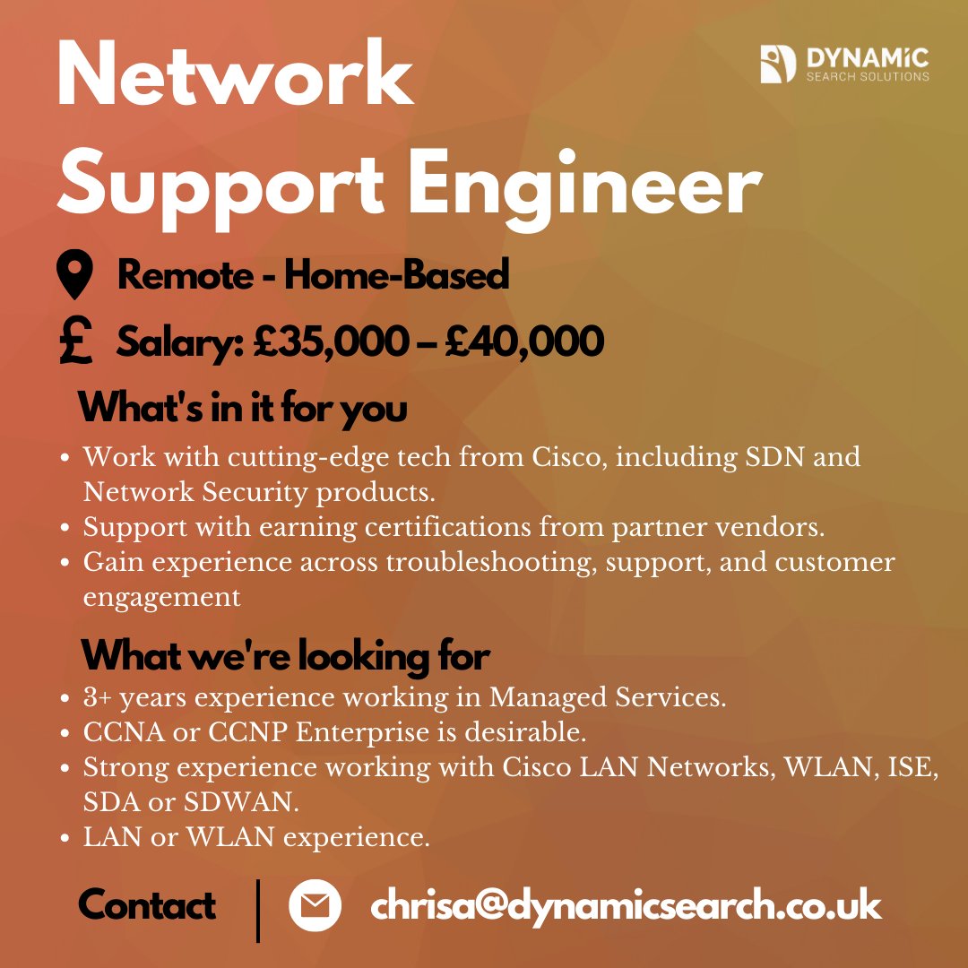 Dynamic__Search's tweet image. 📍 Remote - Home-Based
💸 £35,000 - £40,000

This is a fantastic opportunity at an award-winning Managed Services Provider, working on mid to large enterprise clients and working with cutting edge technology.

Click below to learn more or apply!

dynamicsearch.co.uk/job/network-su…