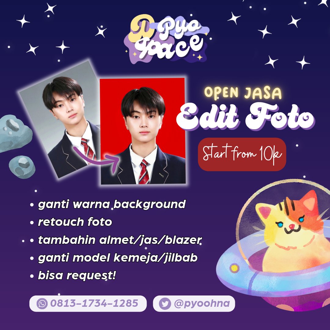 pyoohna's tweet photo. 𖧧⭒ ֺ(welcome to pyoodspace!) 𐀔 𓈈
haloo, aku open jasa edit (mis: edit warna dasi/background/kemeja/dll , swap face, retouch foto, dll) klo tertarik bisa contact di bio yaa 🫶

untuk testimoni bisa diliat dari #pyotesti https://t.co/0vHVcLY5JG