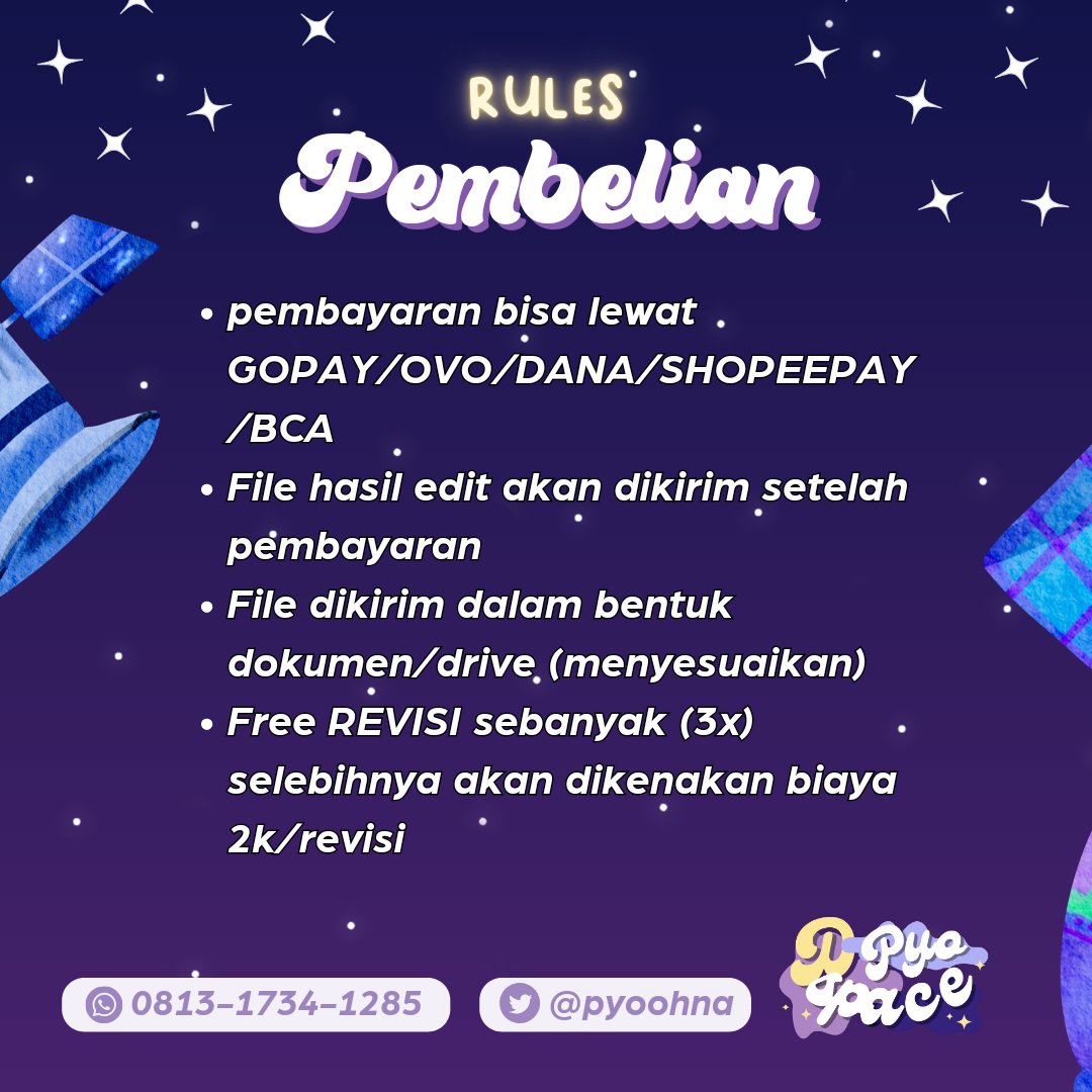 pyoohna's tweet photo. 𖧧⭒ ֺ(welcome to pyoodspace!) 𐀔 𓈈
haloo, aku open jasa edit (mis: edit warna dasi/background/kemeja/dll , swap face, retouch foto, dll) klo tertarik bisa contact di bio yaa 🫶

untuk testimoni bisa diliat dari #pyotesti https://t.co/0vHVcLY5JG