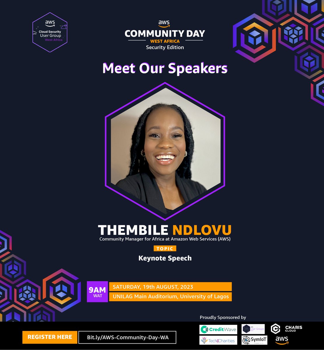 awssecwestafri's tweet photo. 🚀MEET OUR SPEAKERS‼️

We look forward to having @ThembileN_ who is the AWS Regional Manager for Africa and Middle East, deliver the keynote speech. 

Are you?? 

Click on the link below to register 👇🏽👇🏽

https://t.co/ZwMujg8hGx

#AWSUserGroupWestAfrica #CloudSecurityEvent https://t.co/rQbuNdrKsQ
