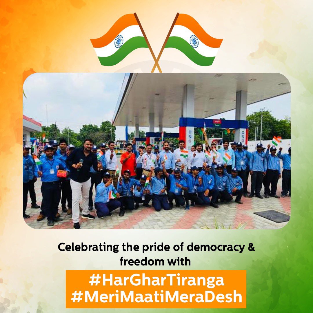 HPCL's tweet image. A glimpse of celebrations of Independence Day at HP Retail Outlets all over India as our retail family joins in pride by hoisting the tricolor that reflects aspirations of a rising India. 

#DeliveringHappiness #HPCL #HPRetail #Freedom #HarGharTiranga #MeriMaatiMeraDesh