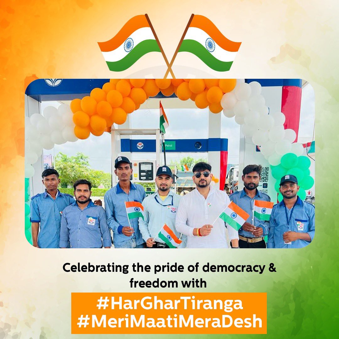 HPCL's tweet image. A glimpse of celebrations of Independence Day at HP Retail Outlets all over India as our retail family joins in pride by hoisting the tricolor that reflects aspirations of a rising India. 

#DeliveringHappiness #HPCL #HPRetail #Freedom #HarGharTiranga #MeriMaatiMeraDesh