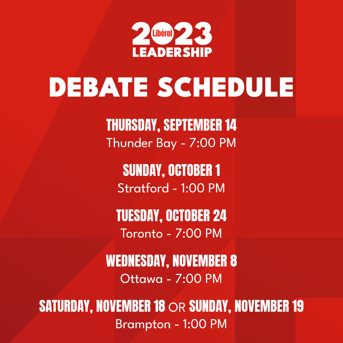 OntLiberal's tweet photo. Save the dates! We’re excited to share the debate schedule for the 2023 Ontario Liberal Party Leadership Election.

Learn more: https://t.co/Zpv7fycTvN https://t.co/HF881hYIVa