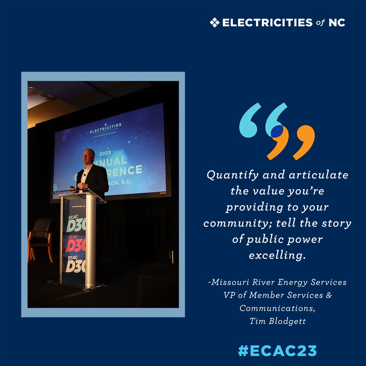 ElectriCitiesNC's tweet photo. We kicked off Day 2 of #ECAC23 w/ a session on the value of your community’s #PublicPower utility, sponsored by @TylerTech. ⚡ 
Tim Blodgett of @MRESNews &amp; Jody Finklea of @FMPANews enlightened us w/ their experience as public power professionals outside of our membership region. https://t.co/z4adEIGazp