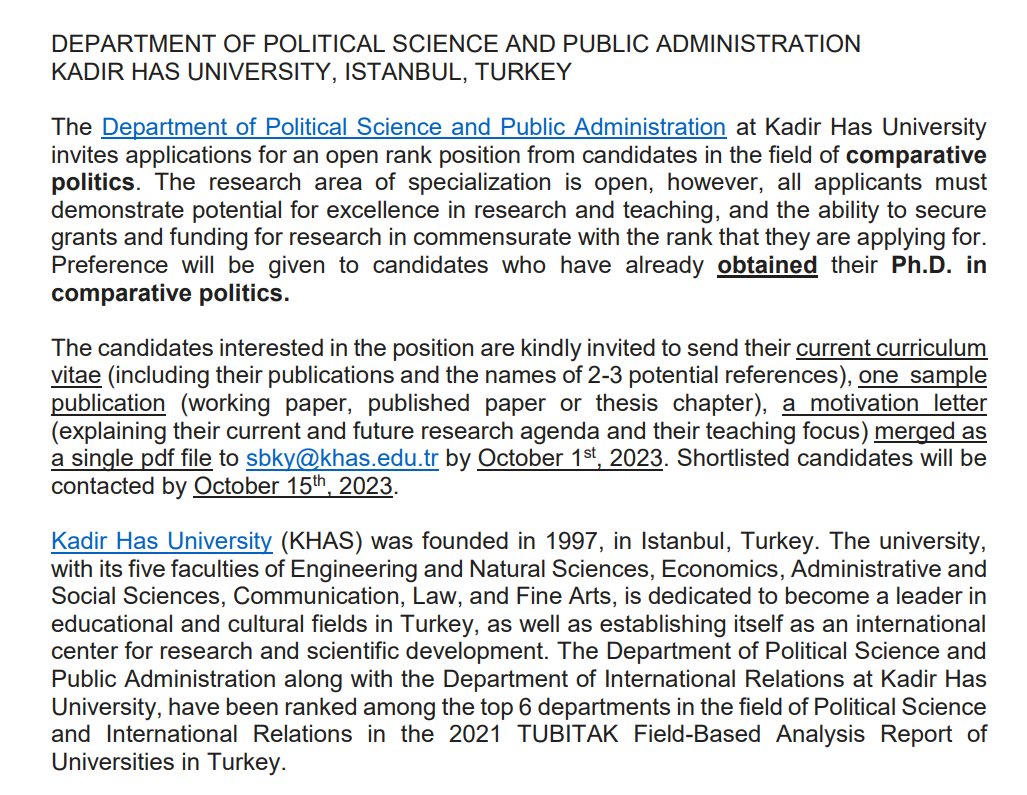 📢Job Opportunity in the Department of Political Science and Public Administration <a href="/khasedutr/">Kadir Has Üniversitesi</a>:

🚨Application deadline is October 1st, 2023!

👇👇👇

khas.edu.tr/en/job-opportu…