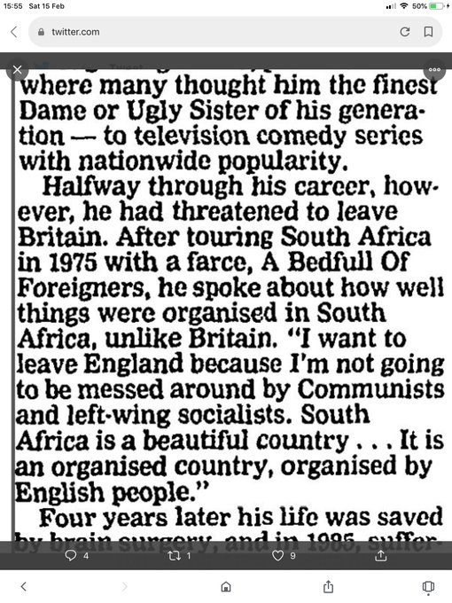 Here's what Terry Scott said about performing in apartheid South Africa in 1975.

Miriam Margolyes was probably 100% right.