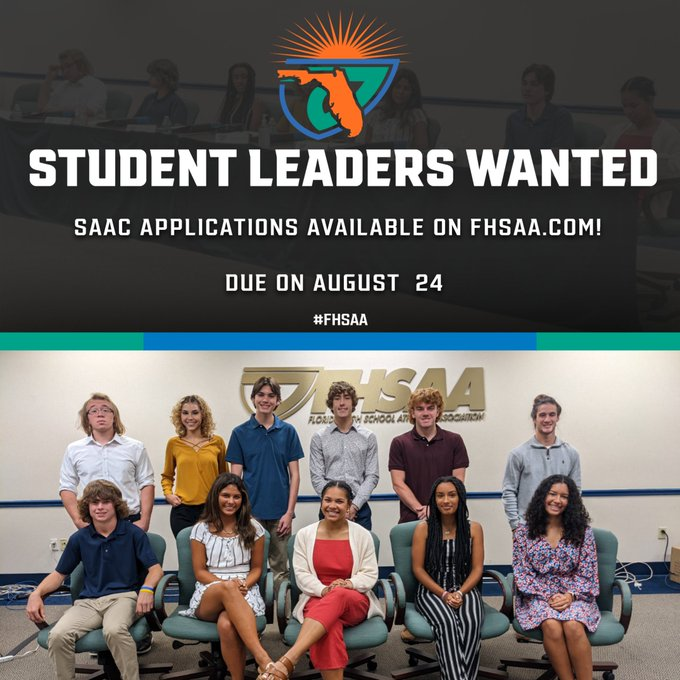 FHSAAOficial's tweet photo. 📢 CALLING ALL STUDENT LEADERS!

FHSAA is seeking nominations for the Student-Athlete
Advisory Committee. Nominations are due August 24.

Apply here ➡ https://t.co/b5NwxH3oxN
/Student_Advisory.aspx https://t.co/YcmmDCy7Ix