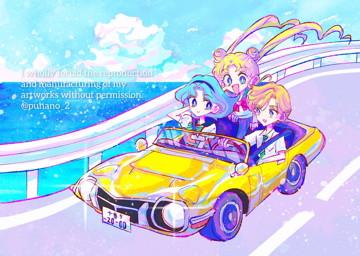 kaiou michiru ,ten'ou haruka ,tsukino usagi multiple girls ground vehicle blonde hair 3girls blue sailor collar car motor vehicle  illustration images