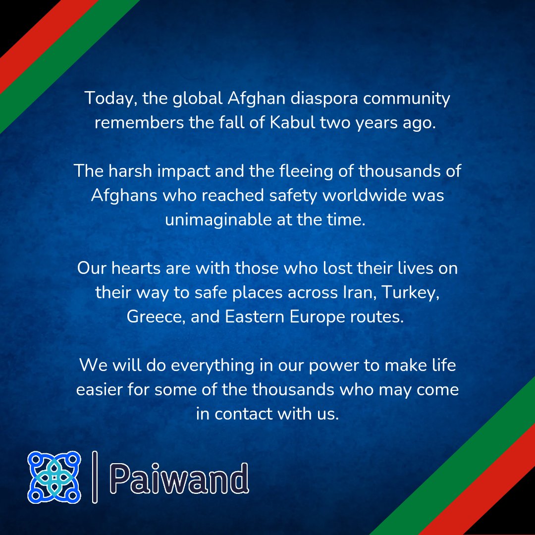 AA_Paiwand's tweet photo. Today, the global Afghan diaspora community remembers the fall of Kabul two years ago. 

The harsh impact and the fleeing of thousands of Afghans who reached safety worldwide was unimaginable at the time...
🧵1/2 https://t.co/uSwR5wz1si