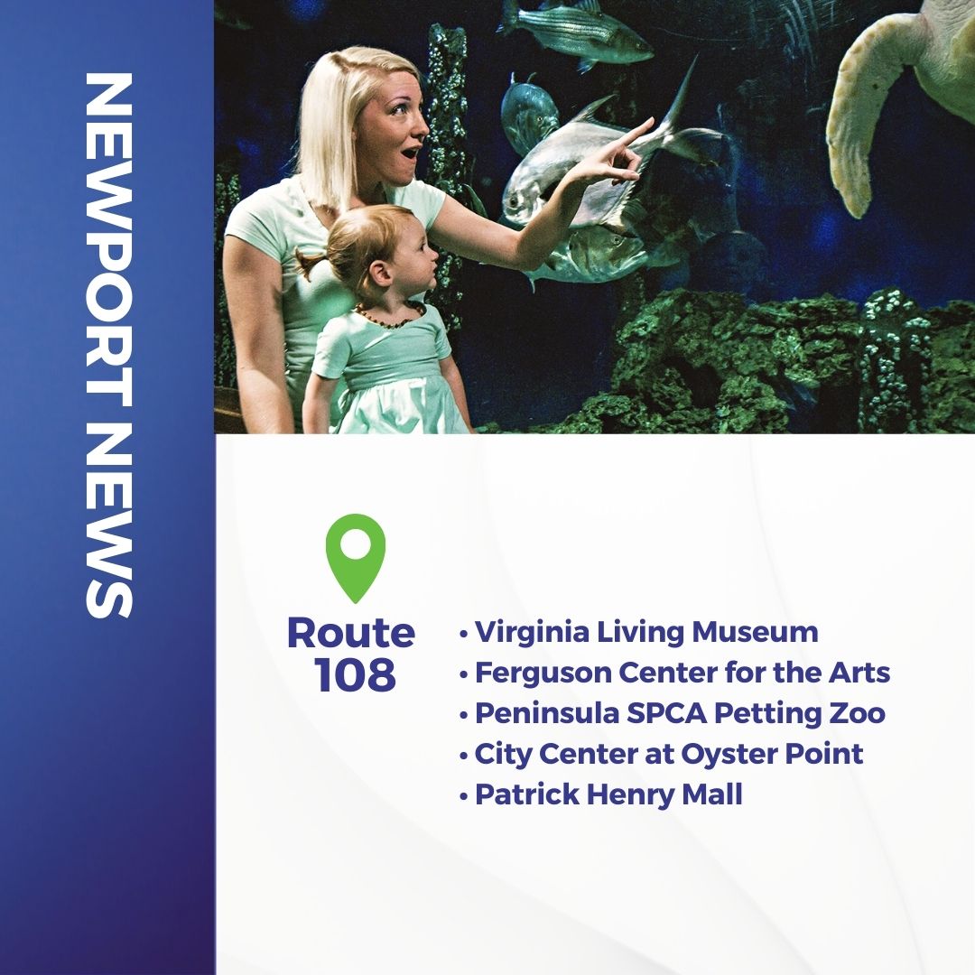 gohrt_com's tweet photo. Try something new this week - take transit! Visit one of these many places in Hampton or Newport News on a bus route near you. 🚌

#gohrt #trytransit #placestogo #hamptonroadsva #publictransit https://t.co/FlGFAPK7Ko