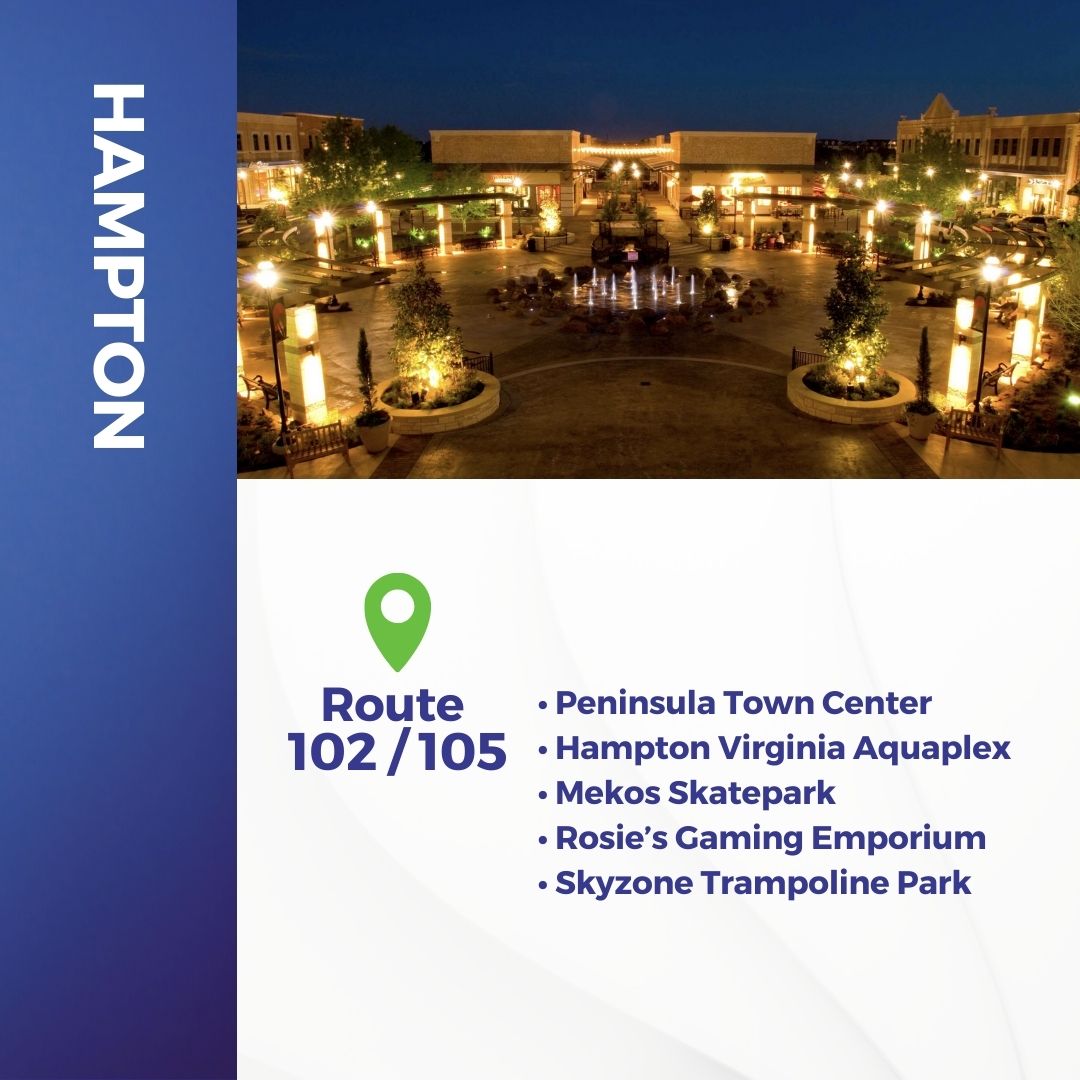 gohrt_com's tweet photo. Try something new this week - take transit! Visit one of these many places in Hampton or Newport News on a bus route near you. 🚌

#gohrt #trytransit #placestogo #hamptonroadsva #publictransit https://t.co/FlGFAPK7Ko