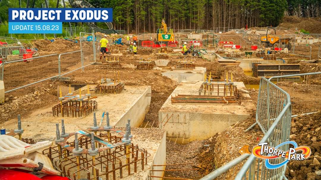 ThorpeParkMania's tweet photo. @THORPEPARK have shared another Project Exodus construction site update.

Groundwork is well underway, with plenty of footers in place, and more white supports (which will be for the higher parts of the ride) at the resort, being stored on the island behind The Swarm! https://t.co/7TBSl0OnsL