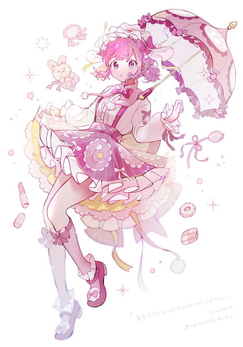 1girl cookie solo pink hair umbrella skirt bow  illustration images