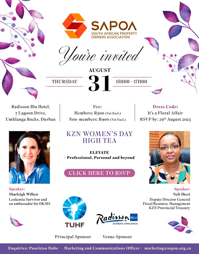 SAPOA_SA's tweet photo. Join SAPOA and TUHF in support as we celebrate women in this KZN Womens Day High Tea

Click here to register: https://t.co/28o0q9qTUp

#womensday #commercialproperty #womeninproperty #hightea https://t.co/oYpYNy9tpv