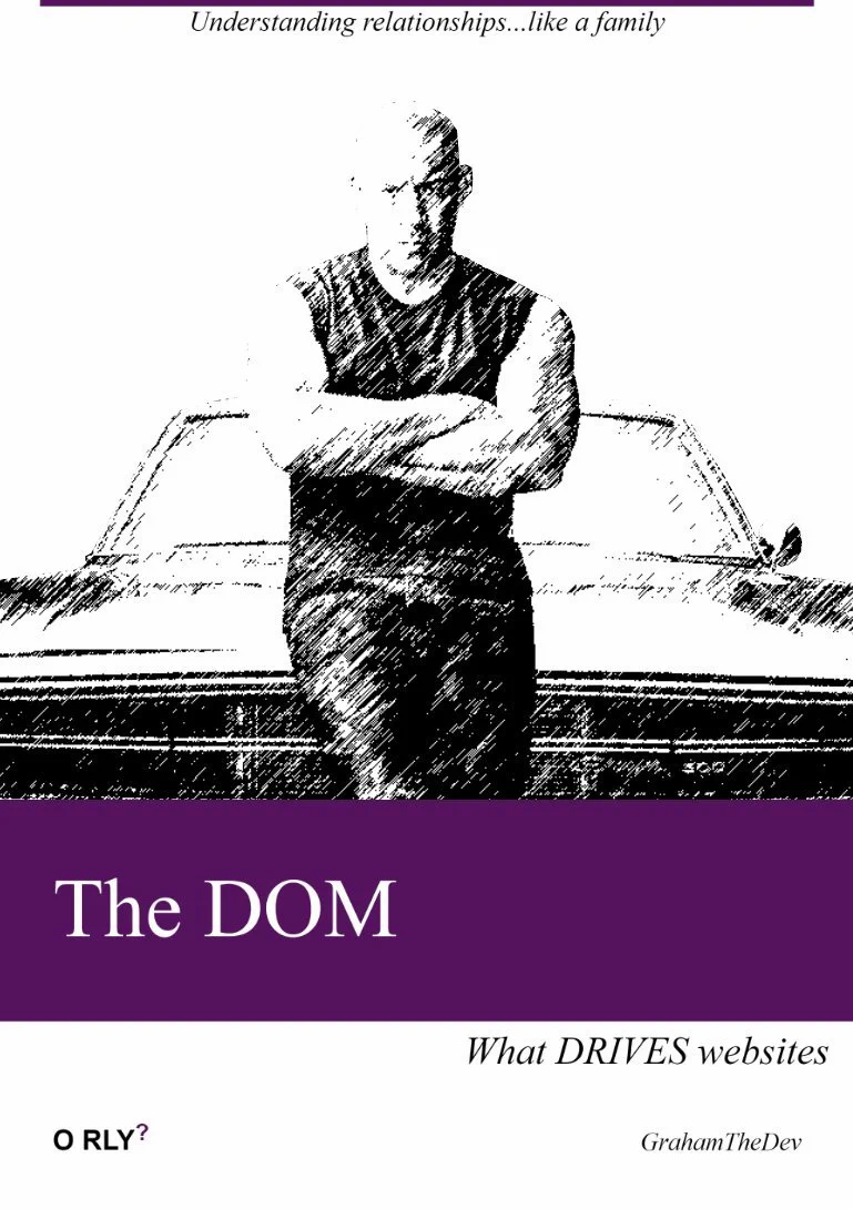 Style of "O-Reilly" books, but parody. Main title: "The DOM", with picture of Dom from The Fast and The Furious in a sketch style. Book publisher is "O RLY?" and subtext is "What DRIVES websites".
