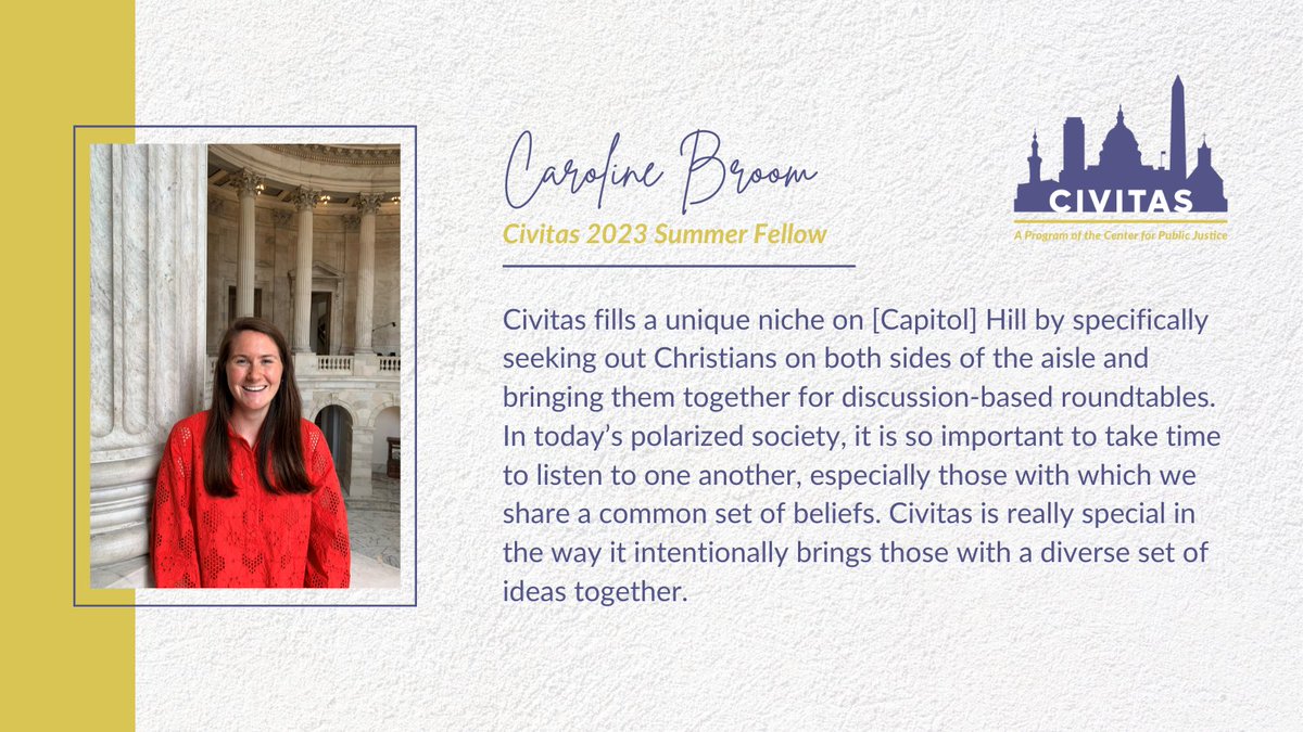 cpjustice's tweet photo. Our Summer 2023 Civitas fellows just finished time with CPJ. Hear more from Caroline Broom, a 2023 Civitas Fellow, about why she recommends Civitas to early-career Congressional staffers:     

Apply for Civitas: https://t.co/Rrj6ooO27Z https://t.co/jDe0n7tDZ6