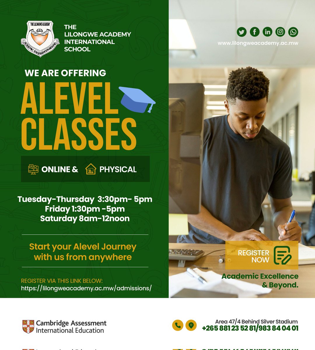 LilongweAcademy's tweet image. EXCITING NEWS 📚💻

We are absolutely delighted to announce that our A-Level Classes shall now be available online. Registration opens on 16th August 2023! Join us online from wherever you are. 

Contact us for more information. 
info@lilongweacademy.ac.mw

#cambridgelearning
