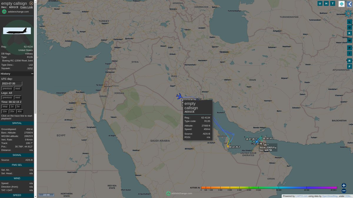 steffanwatkins's tweet photo. July 30
🇺🇸⚓🇮🇷 Two #USNavy P-8A Poseidon aircraft (#AE6796,#AE6797) were operating over the Strait of Hormuz, geolocated using MLAT, and USAF RC-135W Rivet Joint 62-4134 #AE01CE was broadcasting their precise location using ADS-B at least some of the time.
https://t.co/dyW7dkDo6C https://t.co/EPTS8oDu8O