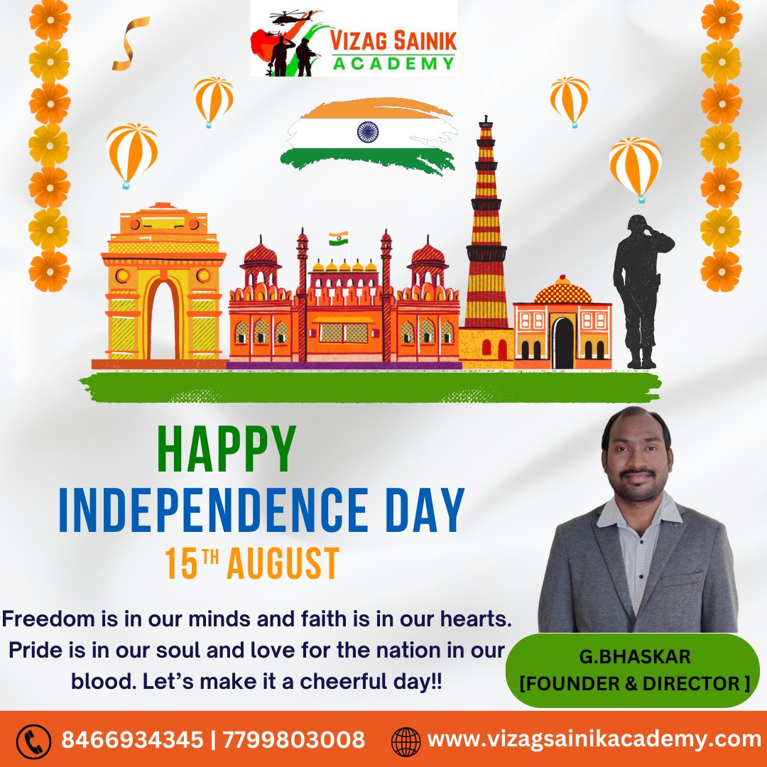 Freedom is the essence of life, let’s celebrate and rejoice.Remembering the sacrifices of our heroes and their unwavering spirit. Happy Independence Day!
#HappyIndependenceDay #happyindependenceday2023 #HappyIndependence  #BringingAChange  #ProudNation #vizagsainikacademy