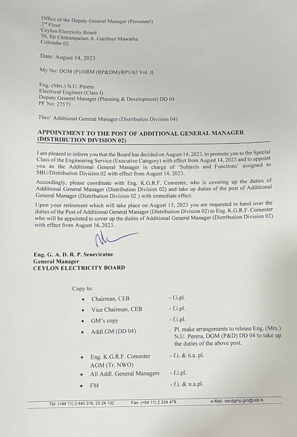 rasikajy's tweet photo. A bizarre promotion saga at the CEB! An engineer set to retire on Aug 15 is appointed as Assistant General Manager for just one day, following a request by the CEB Engineers Union. Isn't this a blatant abuse of tax money? This speaks volumes about why drastic reforms are needed! https://t.co/I9SgAKqYnT