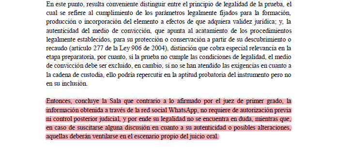 Melovides's tweet photo. La información obtenida a través de WhatsApp, no requiere de autorización previa ni control posterior judicial para ser incorporada al proceso penal, y su legalidad no se encuentra en duda. La eventual discusión sobre la autenticidad corresponde al juicio. https://t.co/8xJAUQqPsC https://t.co/4qLYpiv3tq