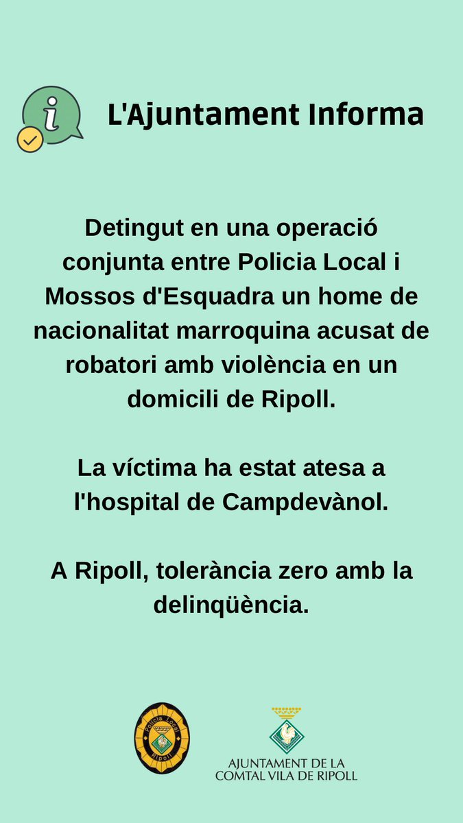 orriolsderipoll's tweet photo. Moltíssimes gràcies a la Policia Local i als Mossos d'Esquadra, per la celeritat en la detenció.

A Ripoll, tolerància zero amb la delinqüència!

#GovernemRipoll
#SalvemCatalunya https://t.co/5HkXO9n9Zi