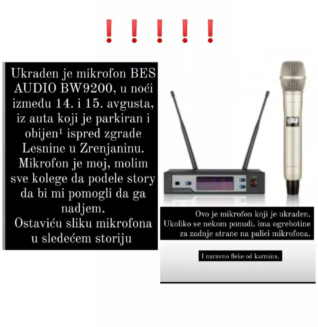 Molim sve ljude koji mogu da podele, ukraden mi je mikrofon iz auta noćas, značilo bi mi da se što više rasiri informacija.

Hvala.