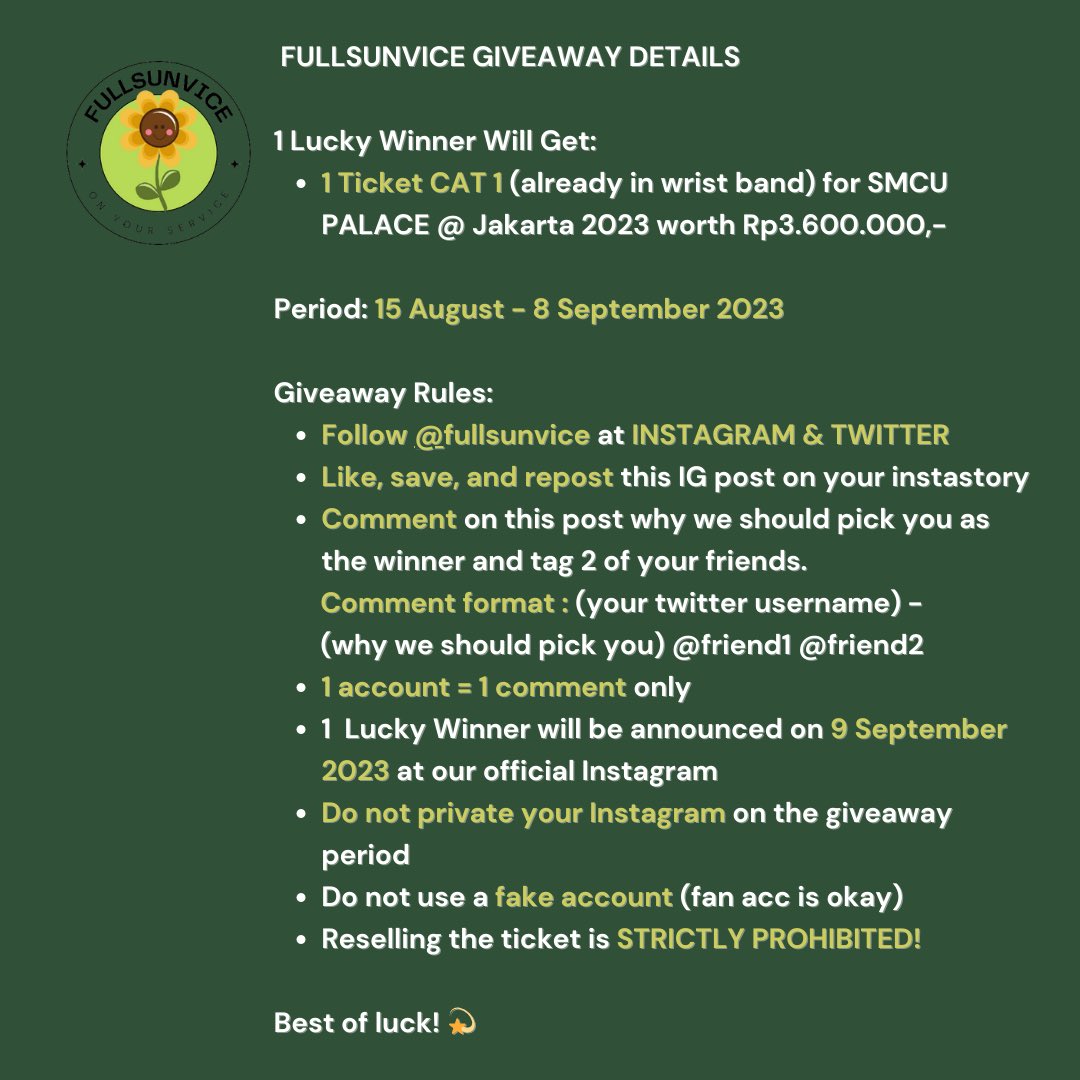 🌻GIVEAWAY ALERT🌻
 
TIKET CAT 1 SMCU PALACE AT JAKARTA 2023 (SUDAH DALAM BENTUK WRISTBAND) untuk 1 orang yang beruntung🫶🏻

Periode giveaway : 15 Agustus - 8 September 2023