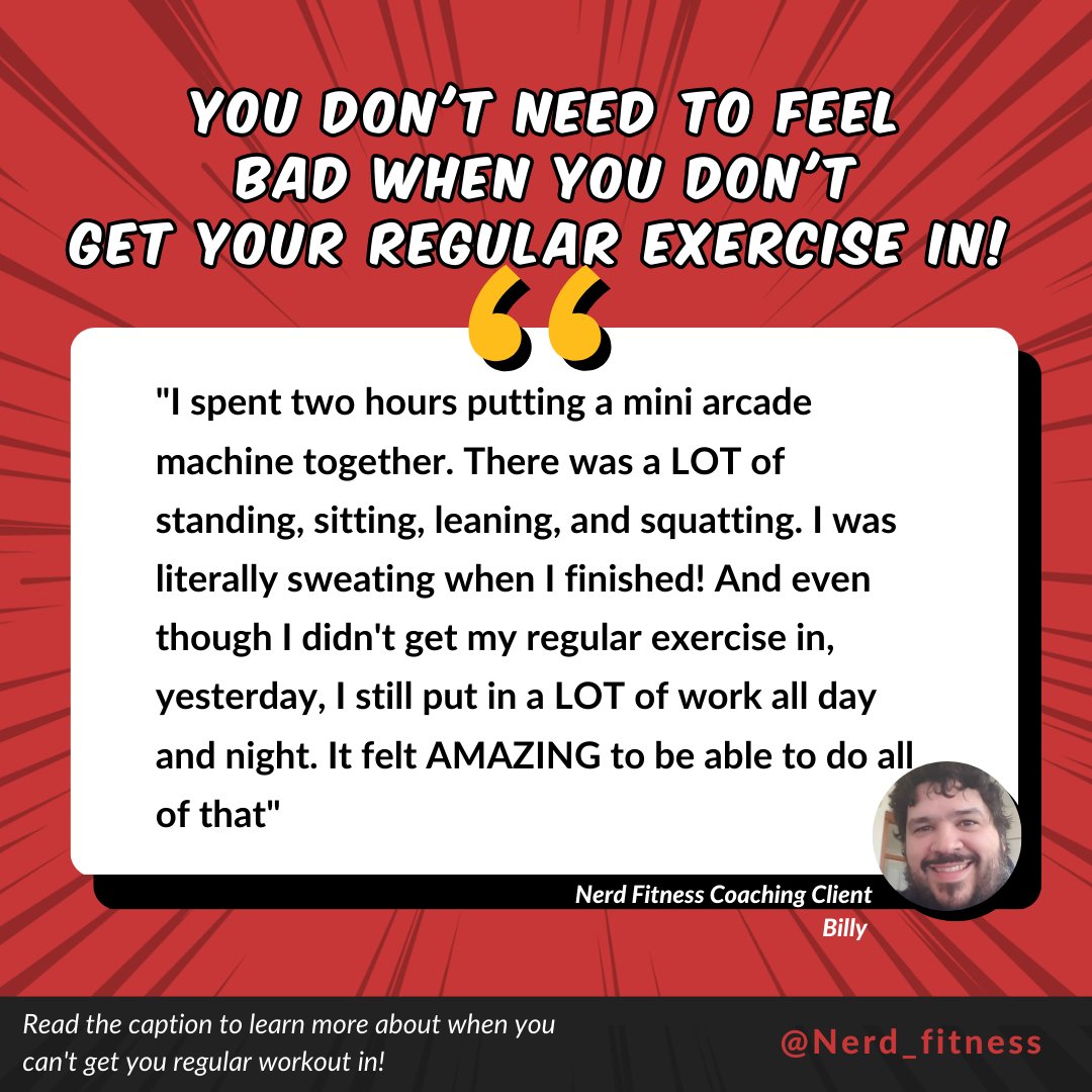 Instead of thinking "I don't have time for my workout", let's try thinking "what workout DO I have time for?" You got this! 😎

#nerdfitness #beginnerfitnesstips #fitnessmotivation #gym #gymlife