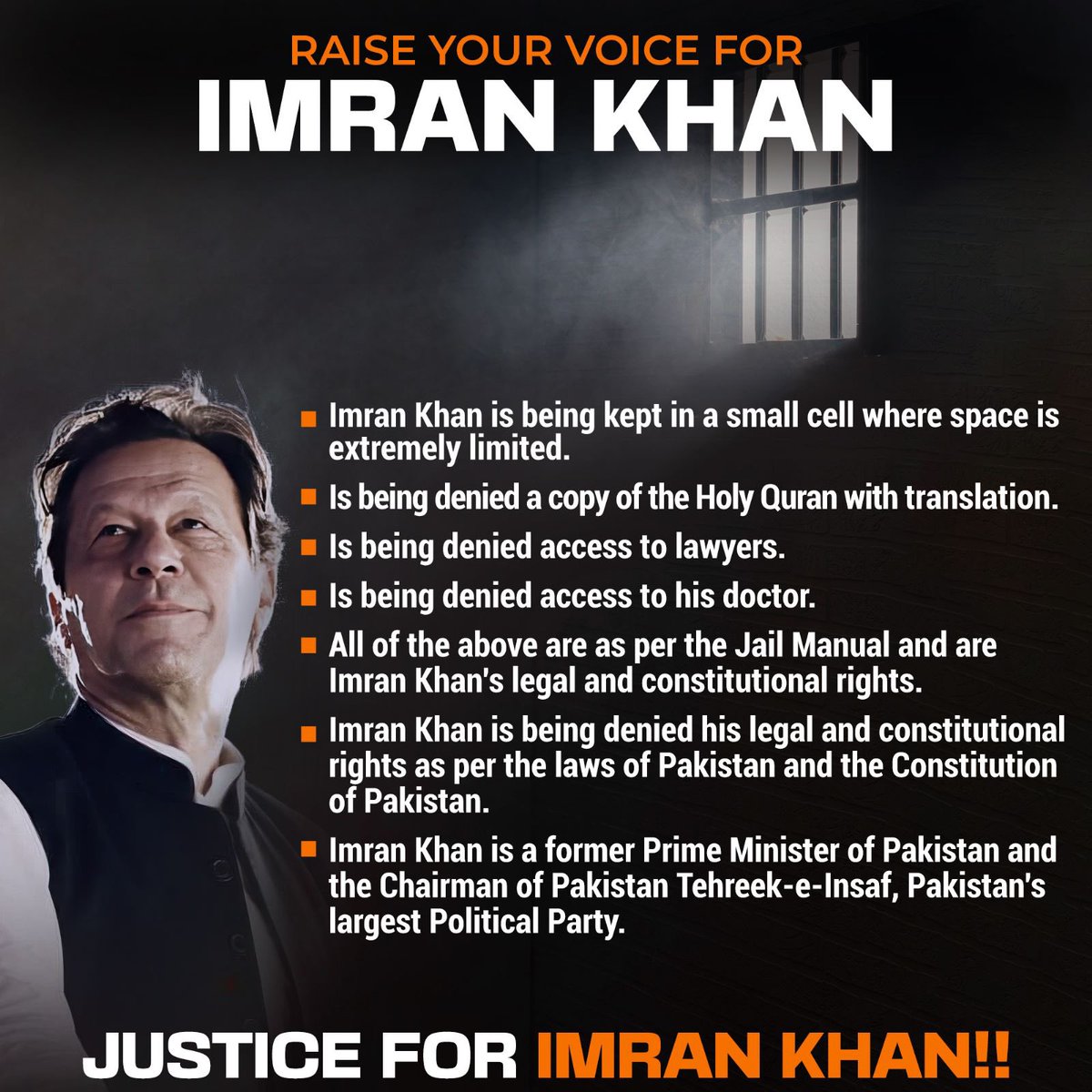 Justice for Imran Khan. A mockery of law is in process denying Chairman Imran Khan his basic human rights. #رہا_کرو_کپتان_ہمارا