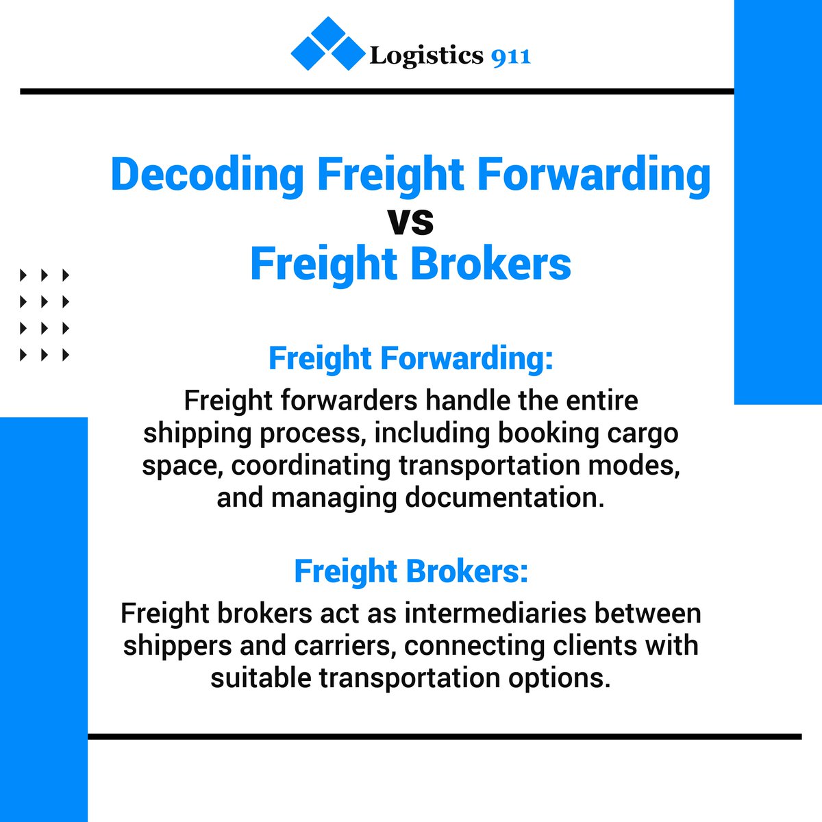 🚢🚚 Unveiling the differences between freight forwarding and freight brokers. Choose the right path for your logistics needs!

For more information visit: logistics911.com

#LogisticsInsights #FreightForwarding #FreightBrokers #Shipping #Logistics #LogisticsTraining