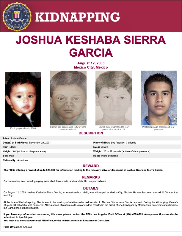 TrulyCriminal1's tweet photo. The FBI is offering a reward of up to $20,000 for information leading to the recovery, alive or deceased, of Joshua Keshaba Sierra Garcia.
#missingchild #missing #missingperson #Mexico #missingpersonscase #missingpersonscases #FindEveryChild https://t.co/TraE6skewP