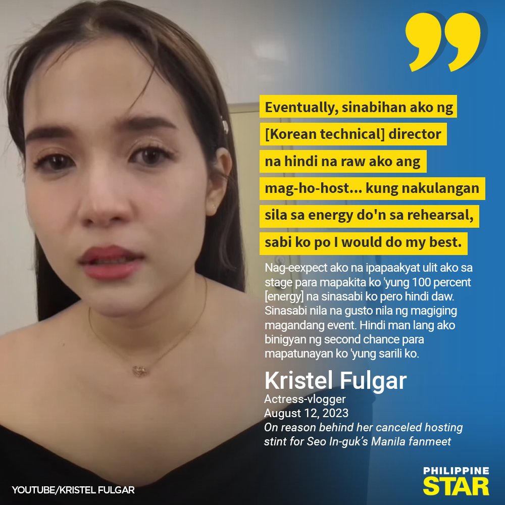 PhilippineStar's tweet photo. 'HINDI MAN LANG AKO BINIGYAN NG SECOND CHANCE' 💔

Kristel Fulgar revealed in her recent YouTube vlog the reason behind her canceled hosting gig for the fanmeet of her longtime idol, South Korean star Seo In-guk on Saturday. https://t.co/SrYiIYfo06