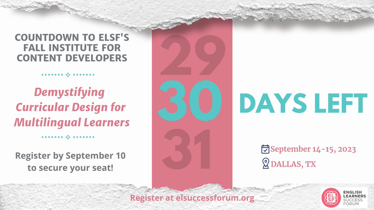 We are less than a month away! If you're a content developer, secure your seat today for our Fall Institute to learn how to design instruction that responds to multilingual learners' needs and assets. elsuccessforum.org/news/demystify… #ELL #MLL #HQIM #ELA #Mathlearning #nationalscienceweek