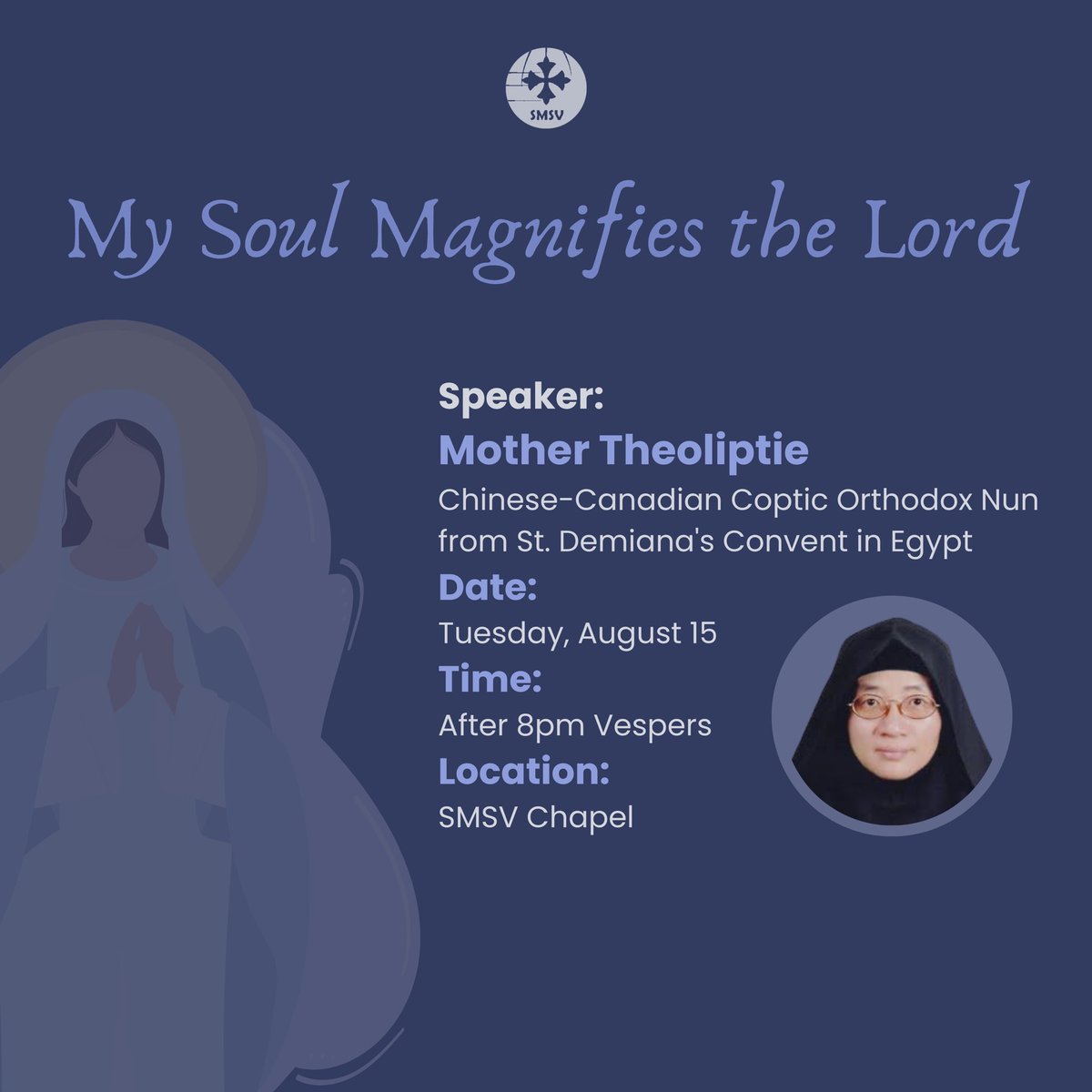 Tonight we will be joined by Mother Theoliptie, a Chinese-Canadian Coptic Orthodox nun from St Demiana’s Convent in Egypt, who will be sharing her powerful testimony on her journey to Christ &amp; the Coptic Church. All are welcome to join us for vespers at 8pm, followed by the talk!