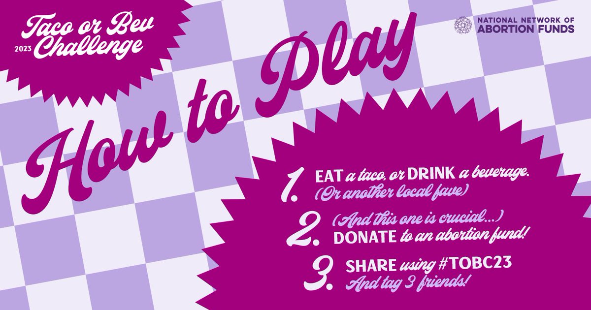 Calling all taco &amp; bev fiends!

This #TacoTuesday marks the beginning of Taco or Bev Challenge 2023! 🌮

The challenge is simple: Eat a taco. Drink a Bev. Support your local abortion fund. Share using #ToBC23.

Join us from Aug 15th - Aug 31st: nnaf.org/tobc