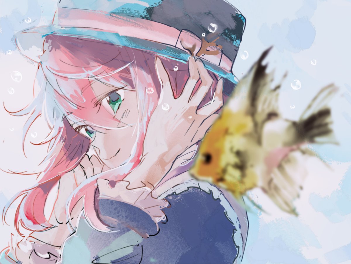 1girl hat fish solo pink hair smile green eyes  illustration images