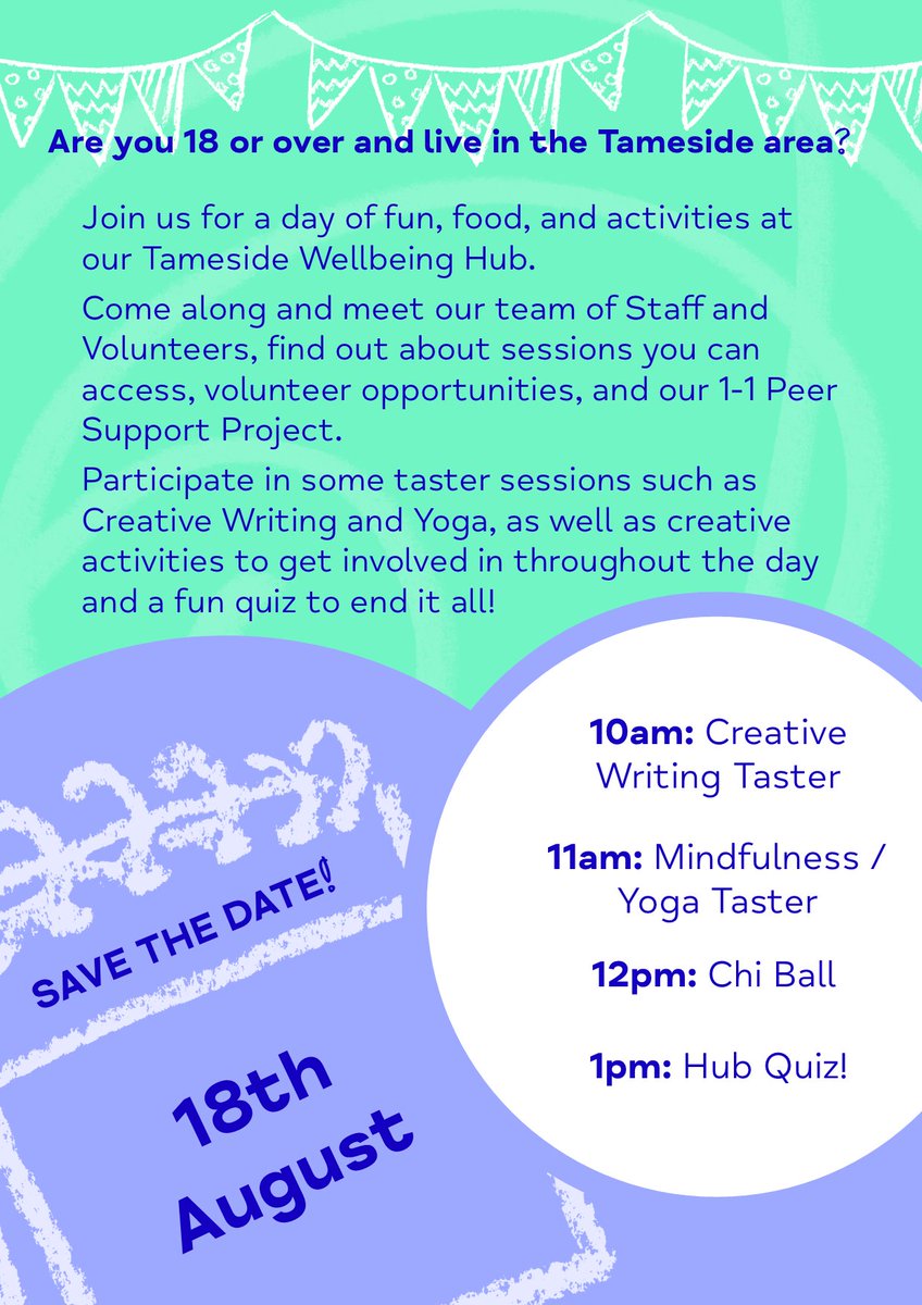 TOGMind's tweet photo. Save the date!!
Come along on 18th August and meet our team of staff and volunteers, find out about sessions you can access, #volunteer opportunities, and our 1 to 1 #PeerSupportProject. https://t.co/HWwGuTmAlG
