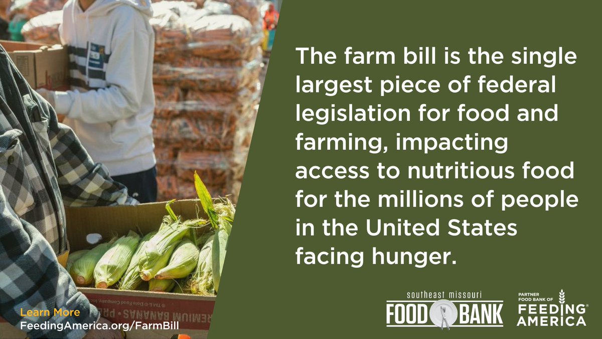 The #FarmBill governs many nutrition and agriculture programs that work in tandem with food banks like Southeast Missouri Food Bank to assist our neighbors facing hunger through programs like TEFAP, SNAP and CSFP. 
 
Learn More: FeedingAmerica.org/FarmBill