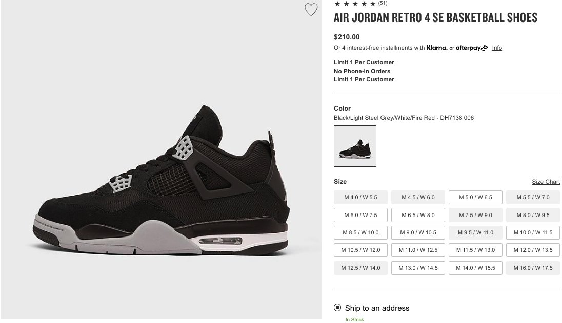 SOLELINKS's tweet image. Ad: ANY LUCK?
Air Jordan 4 Retro &apos;Black Canvas&apos;

Finish Line:bit.ly/3Rpqtoy
JD Sports:bit.ly/3E6RMkh

looks like sold out now, can&apos;t add any size